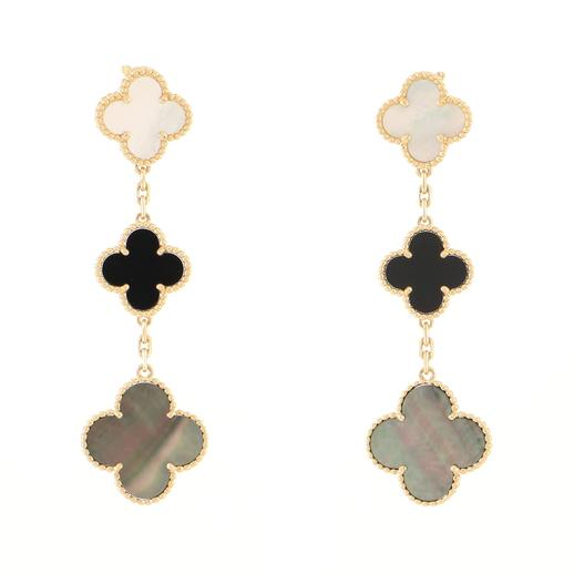 Magic Alhambra 3 Motifs Earrings 18K Yellow Gold with Mother of Pearl and Onyx Magic Alhambra 3 Motifs Earrings 18K Yellow Gold with Mother of Pearl and Onyx
