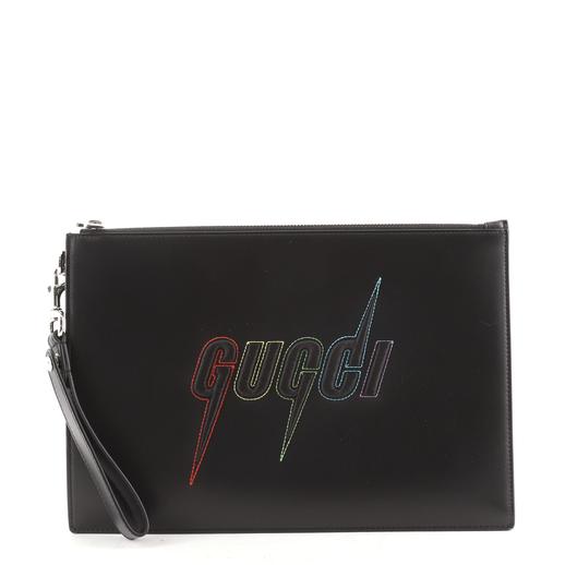 Gucci Blade Logo Wristlet Pouch Embroidered Leather