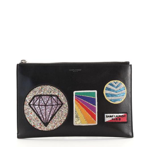 Saint Laurent Zip Pouch Patch Embellished Leather Small