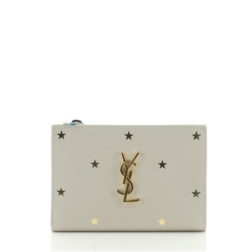 SAINT LAURENT Calfskin Star Print Card Case White 780848