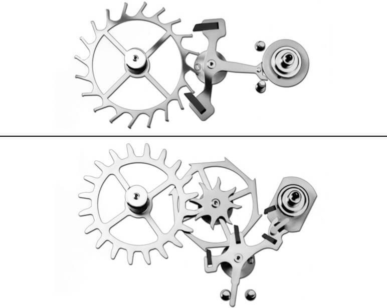 Above: A traditional lever escapement Below: Omega’s Co-Axial escapement.