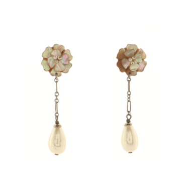 Chanel Vintage Flower with Pearl Drop Earrings Metal with Shell and Faux Pearl