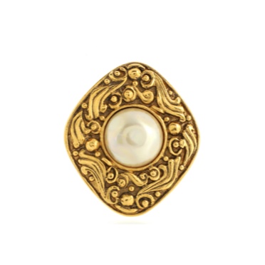 Chanel Vintage Diamond Brooch Textured Metal with Faux Pearl
