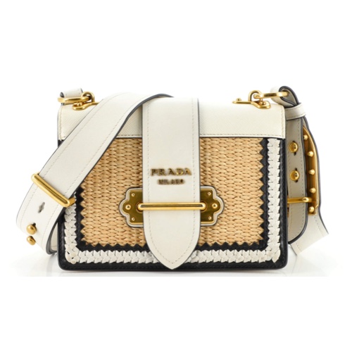 Prada Cahier Crossbody Bag Leather and Straw Small