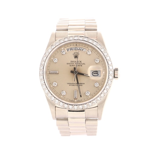 Rolex Oyster Perpetual President Day-Date Automatic Watch Platinum with Diamond Bezel and Round and Baguette Diamond Markers 36