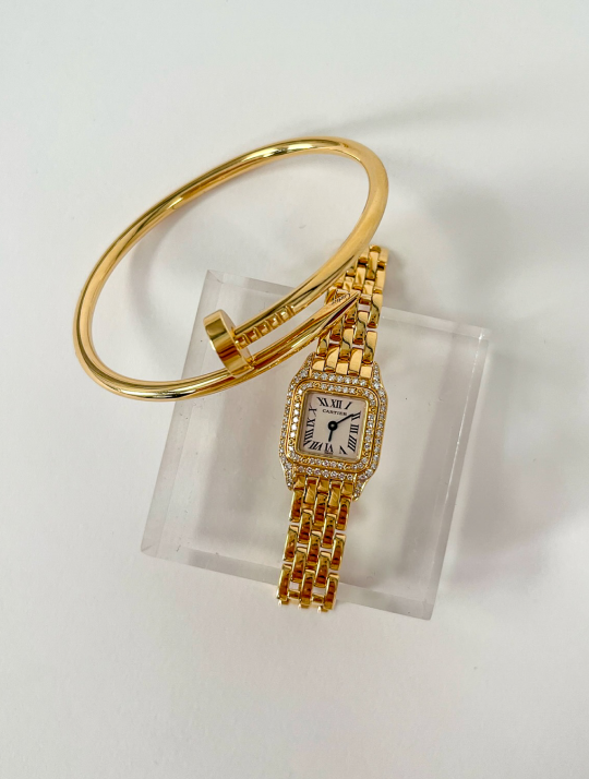 Cartier - 18K Yellow Gold Panthere Head With Chain Silk Bracelet Brace –  Robinson's Jewelers