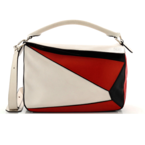 Product image of a white, red, and black Loewe Puzzle Bag Leather Medium